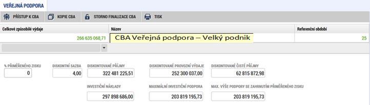 Datová oblast CBA: Veřejná podpora Poznámka. V příkladu je zadáno % přiměřeného zisku 0% (tj. nejpřísnější varianta). V této datové oblasti zkontrolujeme, že max.