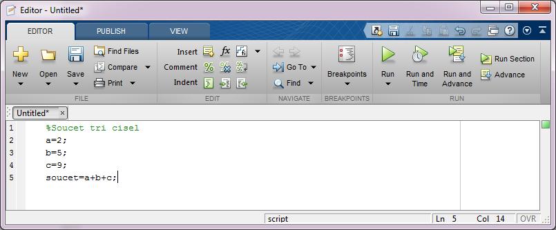 POUŽITÝ SOFTWARE Druhou možností je vytvoření tzv. m-souborů, které mají svoji příponu *.m. Příkazy jsou zapisovány do textového souboru, ze kterého jsou pak spouštěny v zapsaném pořadí.