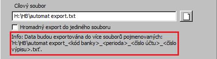 Pokud nezaškrtnete volbu Hromadný export do jediného souboru a povaha exportovaných dat to