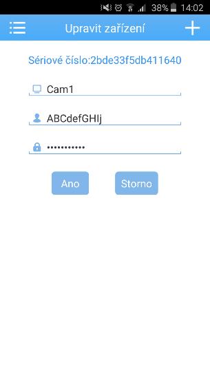 Zde můžete zobrazit sériové číslo kamery a v případě problém znovu zadat přístupové údaje.