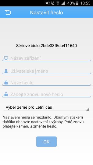 Chcete-li zjistit, kde je tlačítko RESET umístěno, použijte uživatelskou příručku ke kameře (8.4 Obnovení nastavení z výroby). Aplikace by měla vyhledat venkovní kameru během 120 sekund.