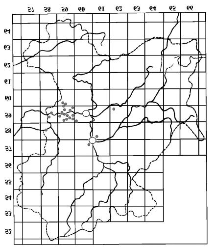 Map. 2. Nálezy žlu(áska tolicového [Colias erete (ESPER, 1805)] ve východním Polabí v roce 2000. Map.