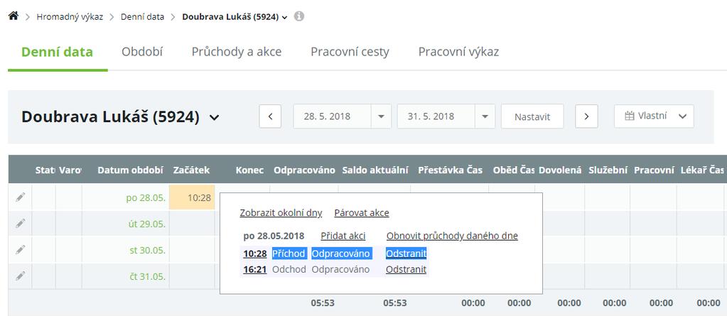 Obr. 13: Evidovaný průchod přes tabletovou aplikaci Průchod se realizuje jednoduše kliknutím na důvod přerušení práce (nebo pouze Příchod, Odchod).