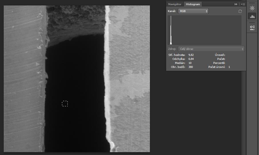 Obr. 4-6 Snímek standardního vzorku se způsobem vyhodnocení střední hodnoty úrovně šedi pomocí programu Adobe Photoshop z definované oblasti v