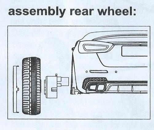 Assembly rear wheel- osazení zadního kola 1. Na osu kola přední nápravy nasaďte podložku průměr 12 a nasaďte kolo. 2.