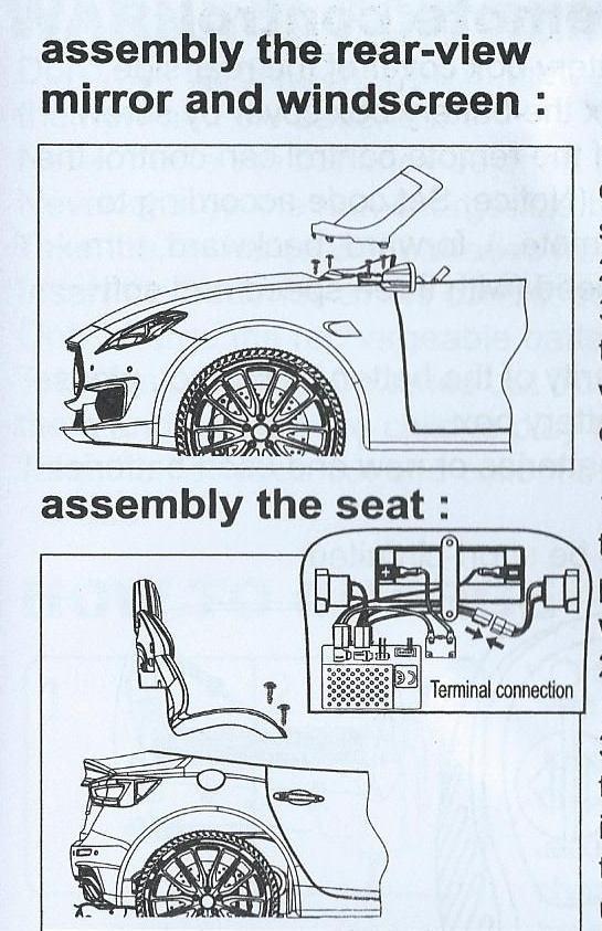 Terminal connection- schéma zapojení Assembly the seat- namontujte sedadlo Dle barev zapojte