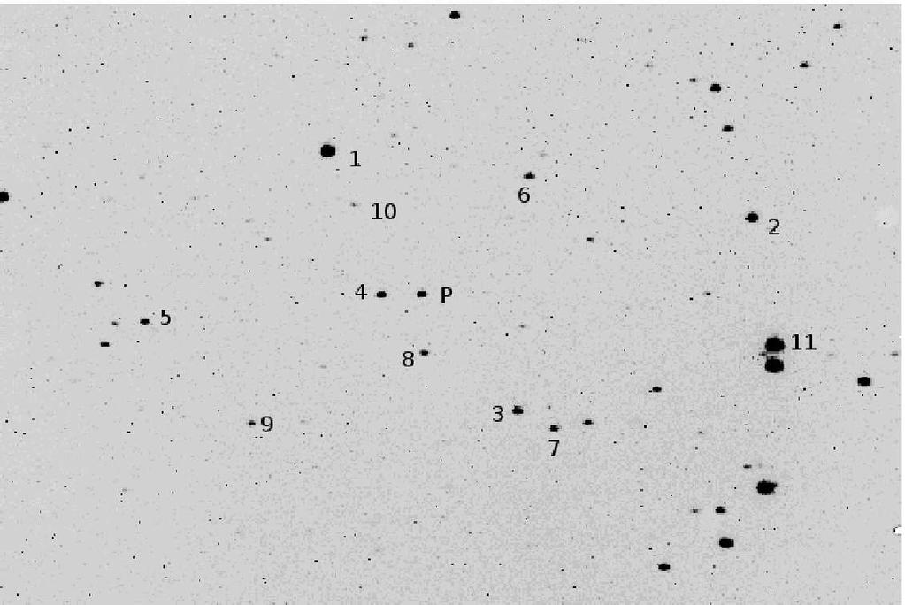 Obrázek 4.1: Snímek planetky se srovnávacími hvězdami. planetky: x=238,259, y=175,848.