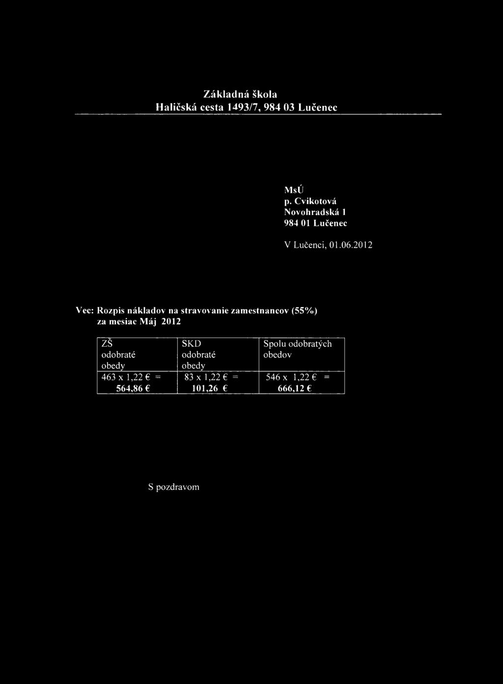 2012 Vec: Rozpis nákladov na stravovanie zamestnancov (55%) za mesiac Máj 2012