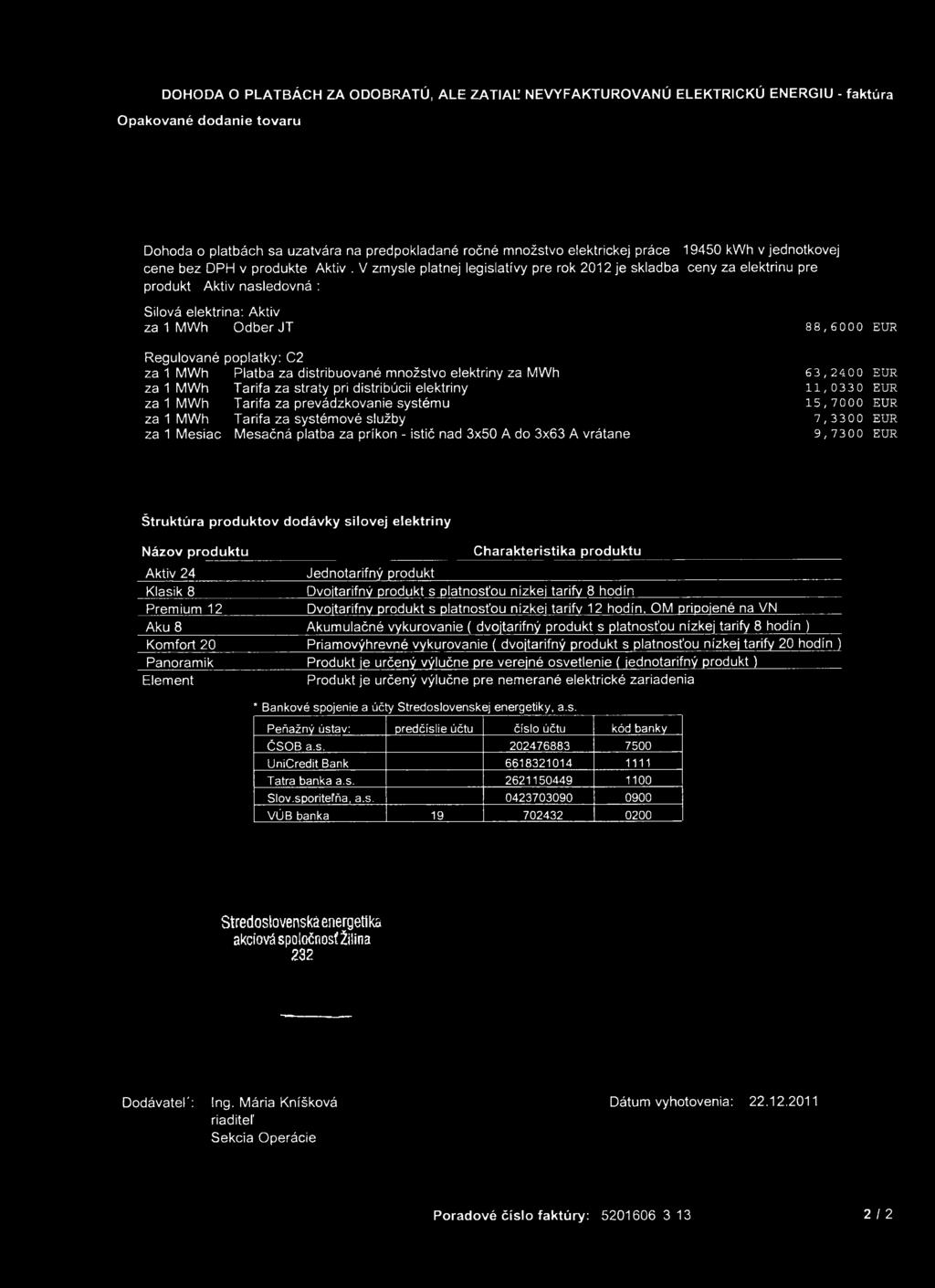V zm ysle platnej legislatívy pre rok 2012 je skladba produkt A ktiv nasledovná : 19450 kw h v jednotkovej ceny za elektrinu pre Silová elektrina: A ktiv za 1 M W h O d b e r JT 88,6000 eu r R