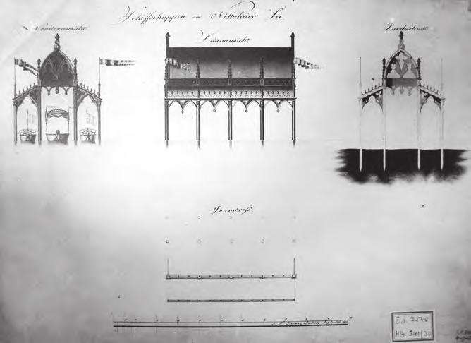 Joendlův návrh dřevěného přístřešku pro lodě na Mikulášském rybníku z roku 1822. Archiv NZM Praha, inv.č.