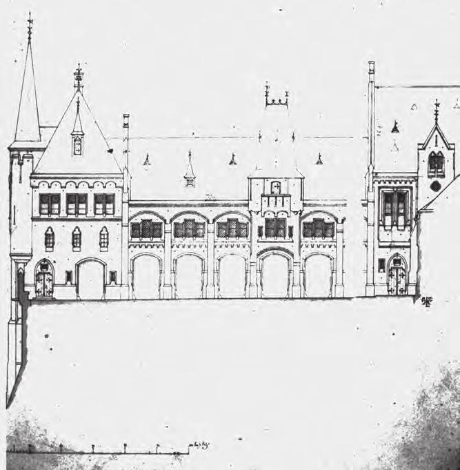 Alexis Langer, návrh hospodářských budov zámku Hradec, 1873 návrh jižního průčelí vozovny s tzv. Moravickou (vlevo) a provozní (vpravo) věží, AAW, SAL, tecz.