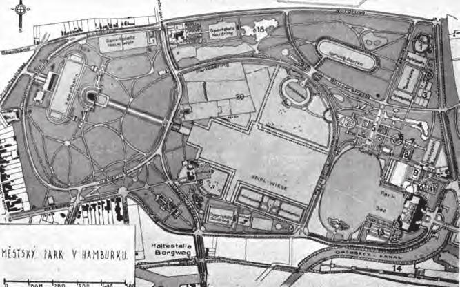 projekty regulací měst Chicaga, Clevelandu, Bostonu, St. Louisu aj., zejména pak zařízení a úprava parků a hřišť, všeobecnou pozornost. Roku 1911 oznamuje Th. Goecke příklon německých odborníků k tzv.