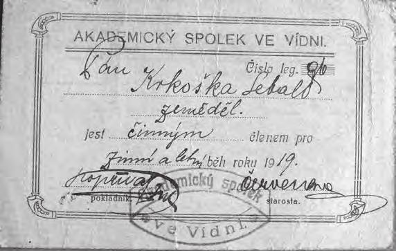 Legitimace - Akademický spolek ve Vídni Archiv NZM, OF 381, Krkoška Sebald, inv. č.