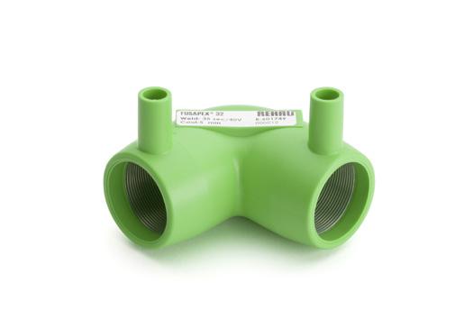 FUSAPEX Geo spojka - elektrotvarovka Odolnost do teplot 80 C dle ČSN EN ISO 15875 třída 5/6 bar vnitřním svařovacím drátem ke spojení RAUGEO sond PE-Xa green, potrubí RAUGEO collect PE-Xa a všechno