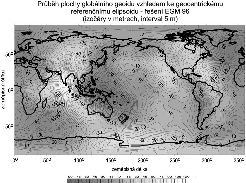 14 Obrázek 6.1: Geoid EGM96 (Poznámka: Izočarami znázorněný průběh plochy geoidu nad referenčním elipsoidem budí zdání, že plocha geoidu obsahuje kopce a dolíky.