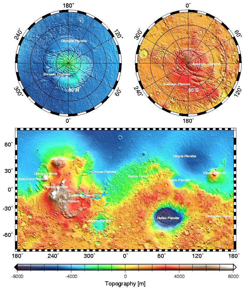 Dodatek k odstavci 3.9 více rozeklané než pozemské, zejména v oblasti obřích sopek. Tam jsou tíhové anomálie až +950 mgal a v údolí Valles Marineris až -450mGal.
