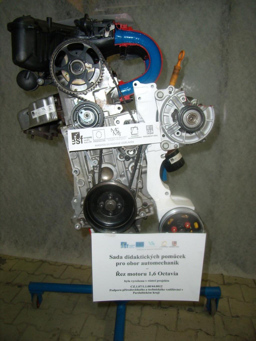 Řez motoru Škoda Octavia 1,6 v jednotlivých oblastech řezů