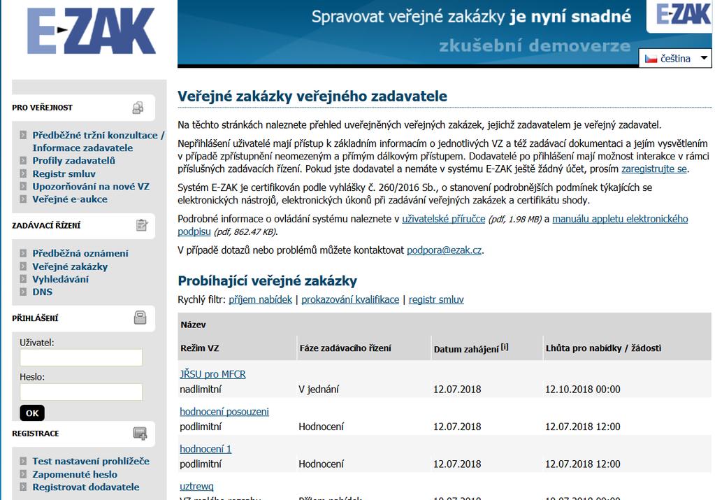 Obrázek 2: Titulní stránka E-ZAKu před přihlášením do systému Login (uživatelské jméno) i heslo jsou tzv. case sensitive, tzn.