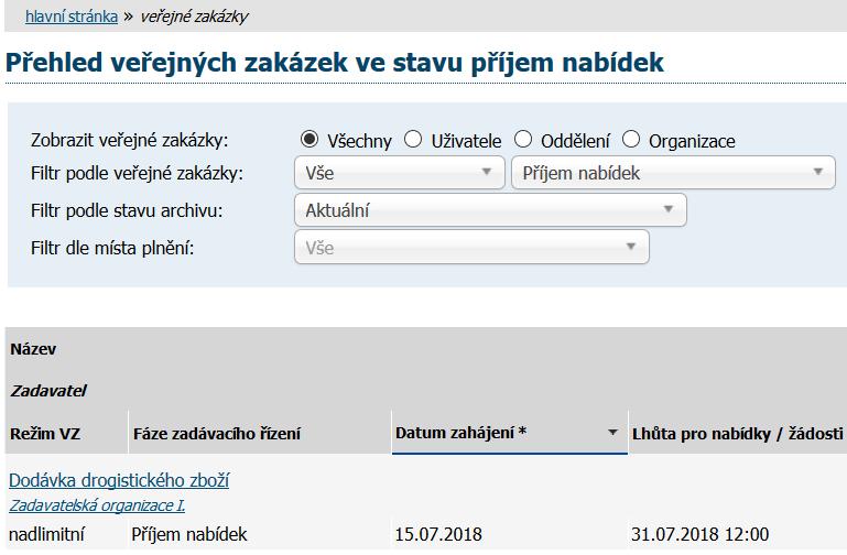 Pomocí položky menu Veřejné zakázky lze zobrazit přehledovou tabulku veřejných zakázek, v jejímž záhlaví je možné filtrovat veřejné zakázky podle předpokládané hodnoty a dle fáze zadávacího řízení.