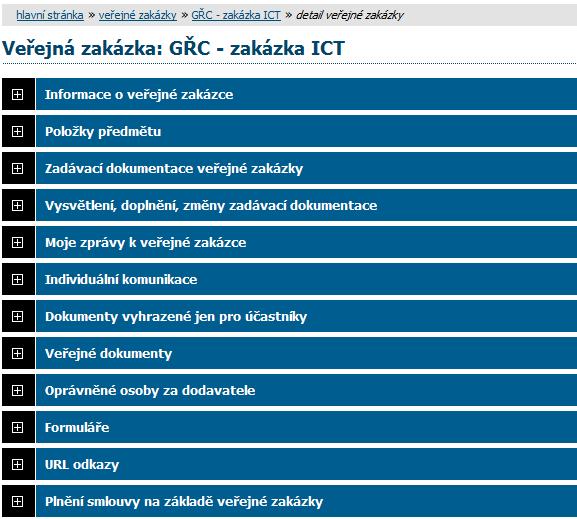 Obrázek 30: Detail veřejné zakázky Kliknutím na barevná záhlaví jednotlivých bloků je střídavě rozevřete a opět zavřete.