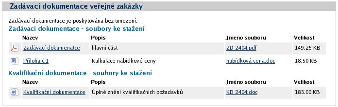 Obrázek 31: Kvalifikační a zadávací dokumentace k veřejné zakázce Pokud je zadávací dokumentace poskytována elektronicky na vyžádání, mají přihlášení uživatelé možnost požádat o zpřístupnění této