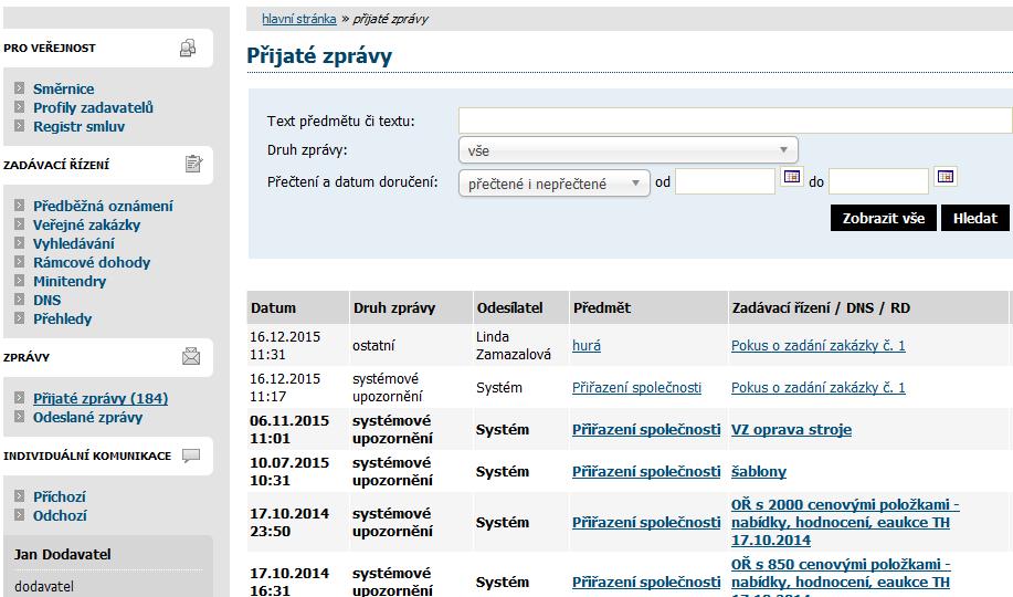 Obrázek 34: Přehled přijatých zpráv uživatele U položky Přijaté zprávy je v závorce zobrazován počet nepřečtených přijatých zpráv na obrázku je to konkrétně (184) a v přehledu zpráv jsou tyto