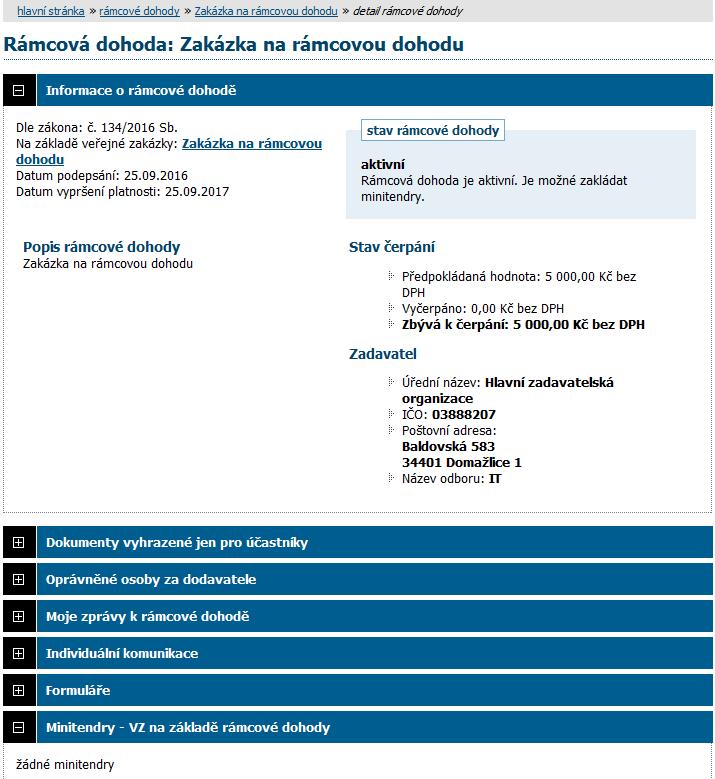 Obrázek 37: Detail rámcové dohody Informace na detailu minitendru jsou velmi podobné detailu veřejné zakázky.