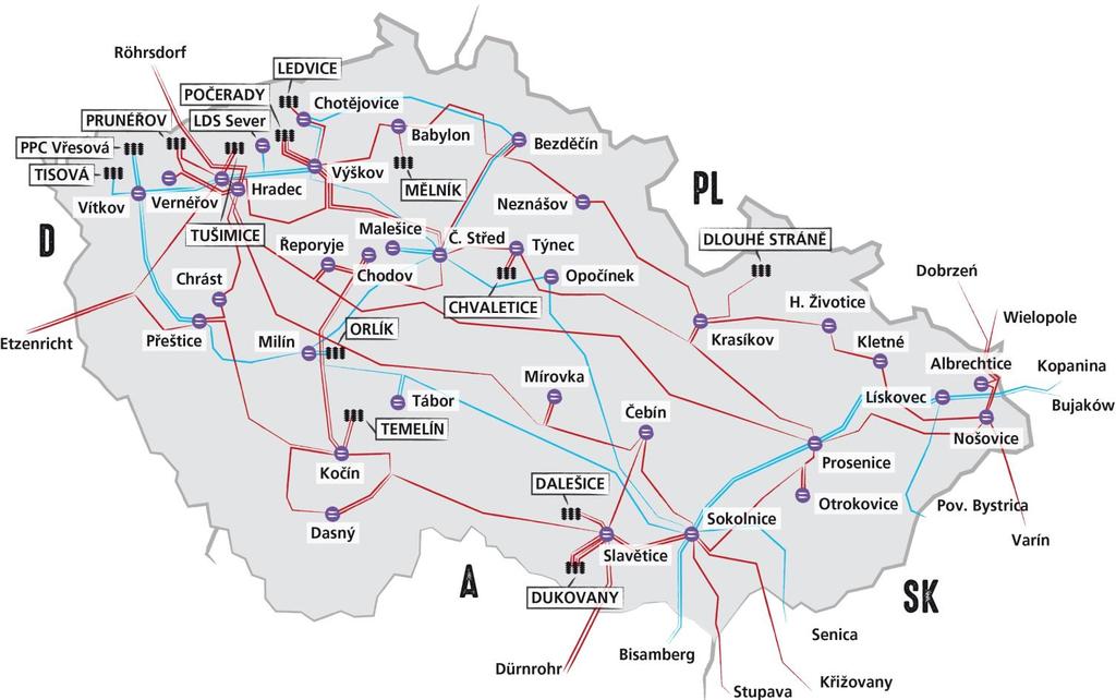 Přenosová soustava ČR Popis zařízení ČR celkem Vedení 400 kv (km) 3 735 z toho dvojité a vícenásobné (km) 1 371 Vedení 220 kv (km) 1 909 z toho dvojité a vícenásobné (km) 1 038 Vedení 110 kv (km) 84