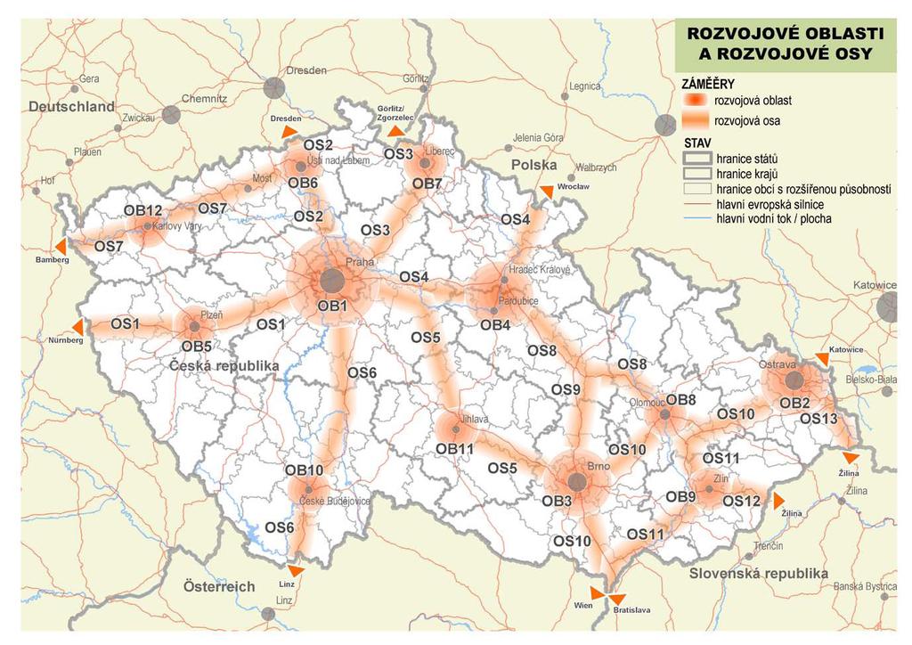 Obr. 2: PÚR ČR - schéma rozvojových oblastí a rozvojových os Dopravní koridor R55 Vymezení: - úsek Olomouc Přerov a dále Napajedla Uherské Hradiště Hodonín Břeclav hranice ČR (