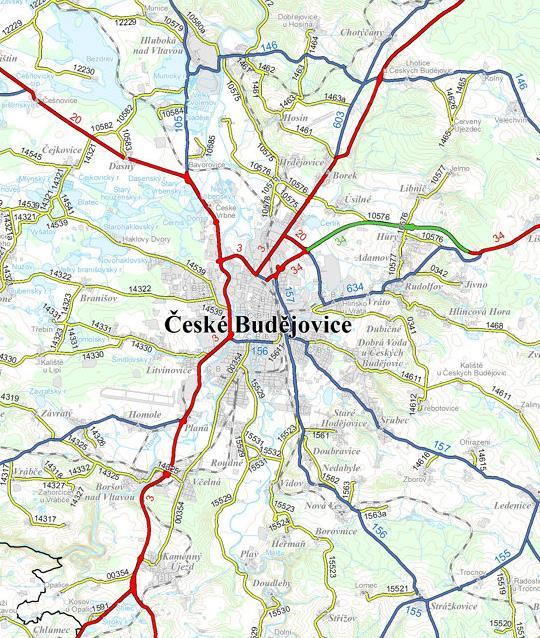 Individuální automobilová doprava Páteřní komunikační systém: I/3 (E55) Pražská, Strakonická, Na Dlouhé louce, Litvínovická I/20 (E49) levobřežní komunikace I/34 (E551, E49) II/105 od Týna nad