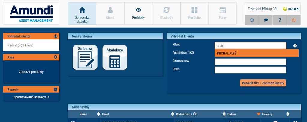 6. sekce Domovská stránka- vyhledat Klienta Po přihlášení do aplikace se zobrazí automaticky domovská stránka.