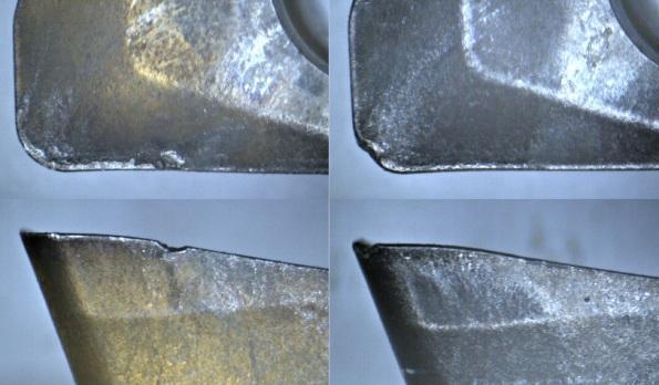 FSI VUT DIPLOMOVÁ PRÁCE List 70 Obr. 48 Porovnání opotřebení destičky ADMX 11T308SR-MM-P01 - materiál 150+P512 pro vzorek F1 (vlevo) a materiál M9340 pro vzorek G1 (vpravo) po 21 minutách resp.