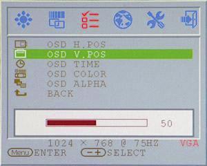 OSD H. POS: Nastavení Vertikální pozice v OSD.