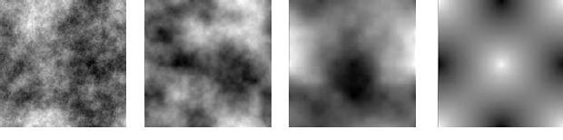 Obrázek 3.7: 2D Midpoint displacement. Zleva počáteční body, bod získaný 1. akcí v 1. kroku, body z 2. akce 1. kroku, 1. akce 2. kroku a 2. akce 2. kroku. Obrázek 3.8: Ukázka různých hodnot R.
