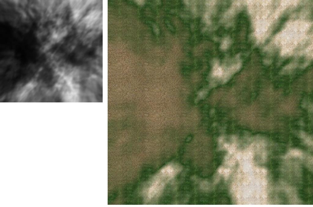 9: Textury pro jednotlivé materiály. Obrázek 3.10: Příklad výškové mapy a k ní procedurálně vygenerované textury. 3.3.2 Detail mapa Dalšího zvýšení úrovně detailů můžeme dosáhnout poměrně jednoduchou metodou za použití tzv.