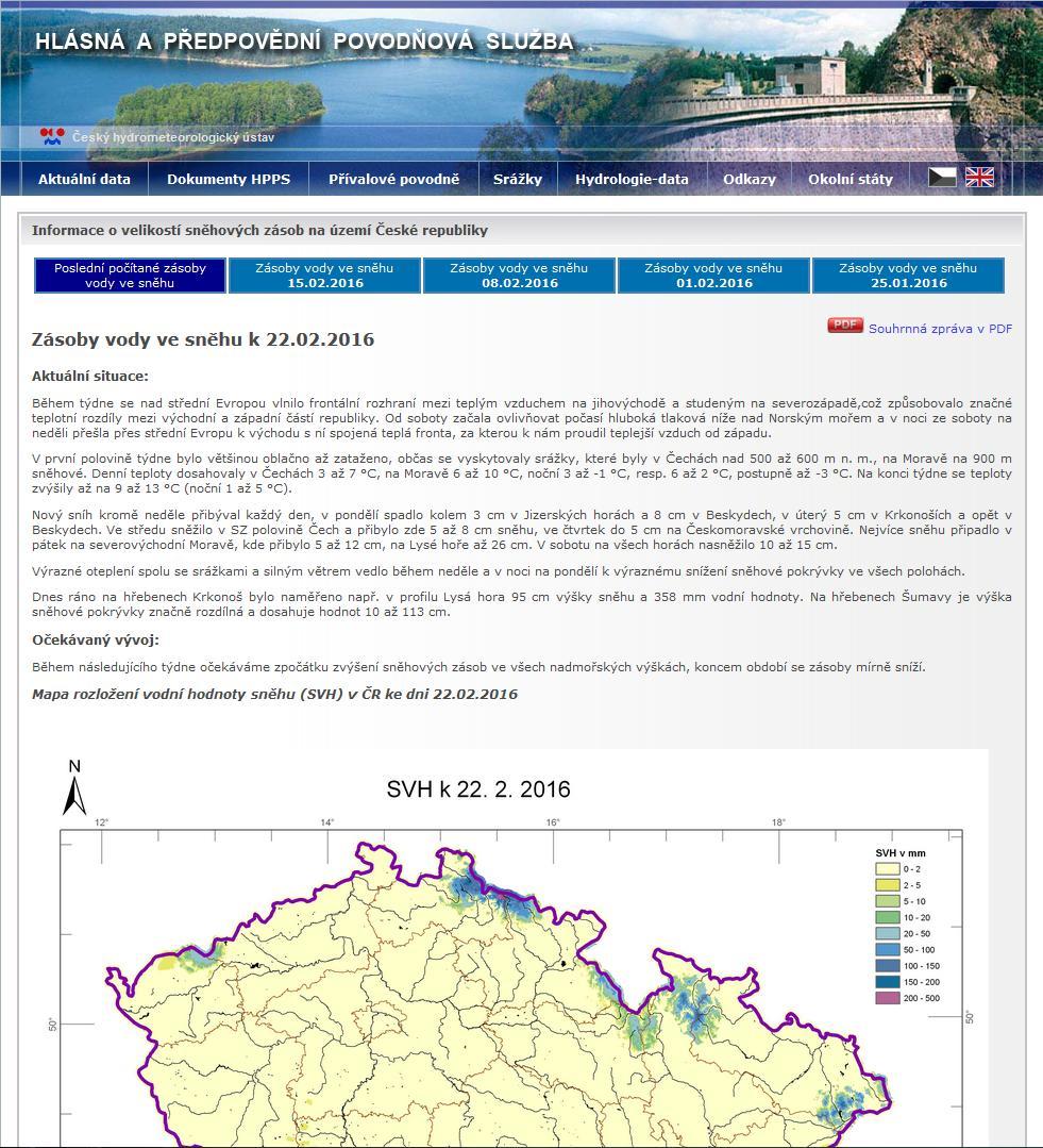 Výstupy vyhodnocování zásob vody ve sněhu Bulletin Zásoby vody ve sněhu dd.mm.