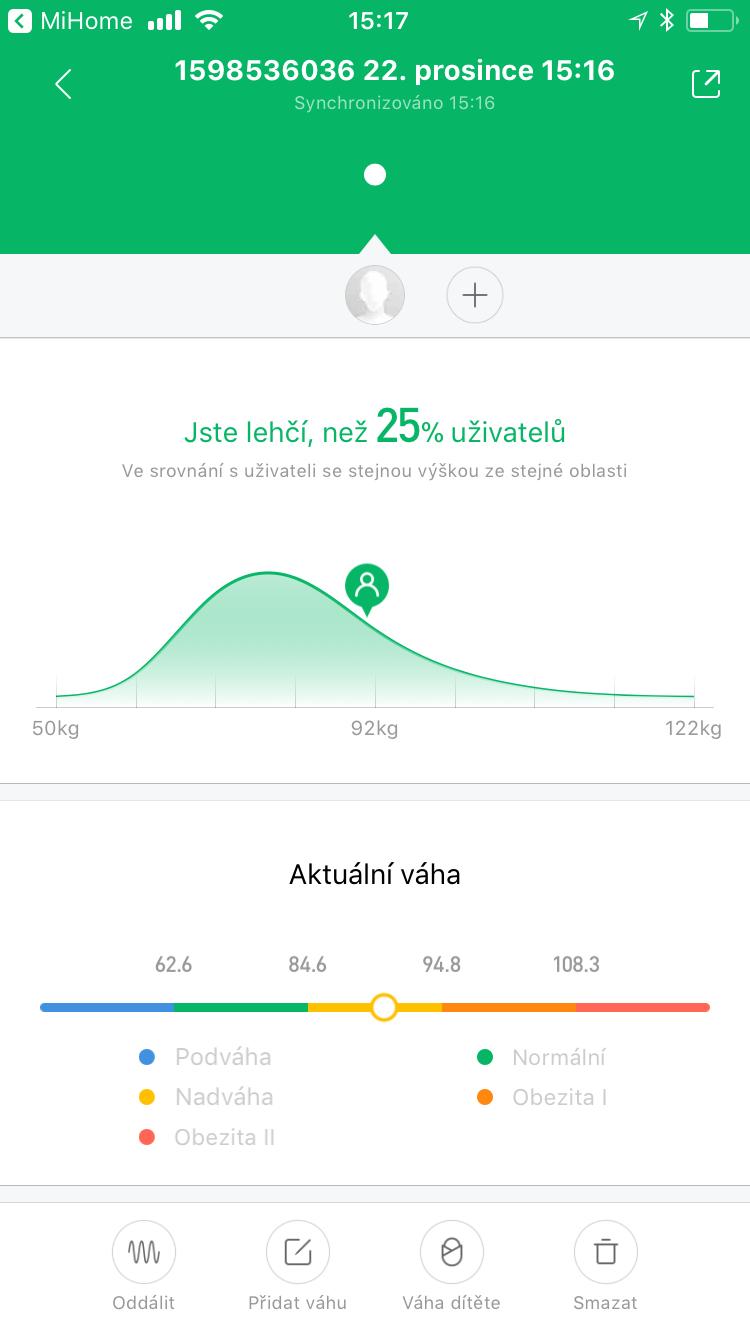 Statistika vážení - Na hlavní obrazovce aplikace Mi Fit se vám zobrazují různé informace ze všech spárovaných přístrojů. Nás konkrétně zajímají řádky Váha a Body score.