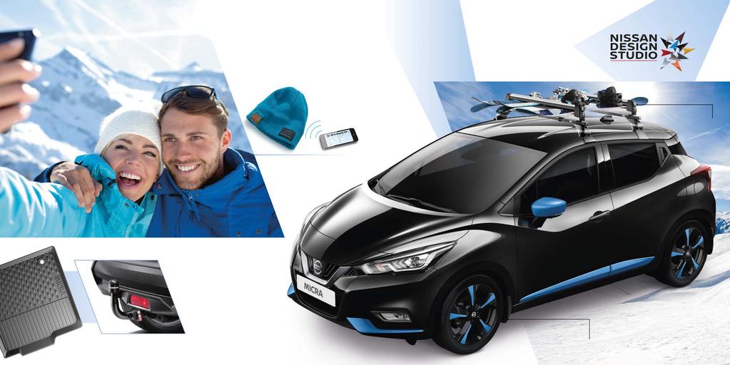 PRŮZKUMNÍK NOSIČ PRO 6 PÁRY LYŽÍ KE738-99996 ČEPICE S BLUETOOTH REPRODUKTOREM* GUMOVÉ KOBEREČKY KE748-5F001 ODNÍMATELNÉ TAŽNÉ ZAŘÍZENÍ KE500-5FB0A Zkombinujte nový Nissan MICRA v barvě Černá Enigma s