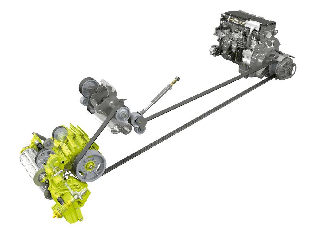1 Napříč uložené motory 2 Přímý hlavní pohon hnacím řemenem od motoru k: Nožovému bubnu Metači 3 Drtič zrn Corncracker pohon hnacím řemenem přímo od metače
