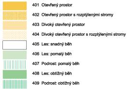 Zelená barva představuje hustotu lesa a podrostu v závislosti na jeho průchodnosti. Průchodnost závisí na charakteru lesa (hustota stromů a podrostu kapradí, ostružiní, kopřivy apod.