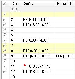 vložením program vymaže směny, které jsou v označených buňkách a nahradí je danou výjimkou. Pokud zvolíte volbu Jiná, můžete ručně zadat počet hodin (např. Dovolená/2, Lékař apod.).