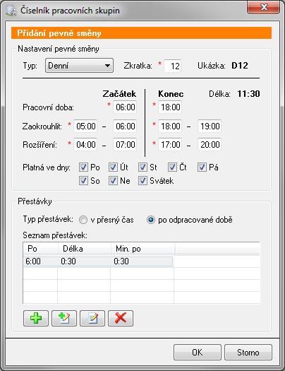 Klepněte na tlačítko Přidat a zvolte položku Pevná směna. Zvolte Typ směny a zadejte Zkratku (max. 2 místa).