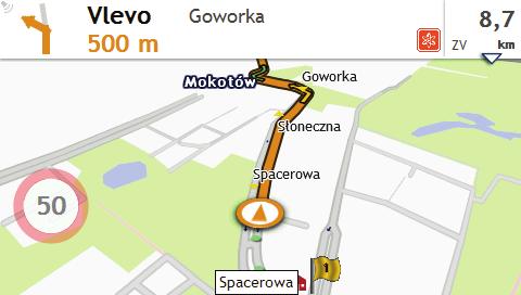 3. Vyberte cílový bod na obrazovce Cíl cesty. 4. Po dokončení klepněte na. 5. Na obrazovce Mapa se zobrazí vypočtená trasa v režimu simulace trasy.