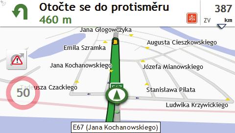 Další informace o nastavení vybraného typu trasy viz. část Možnosti trasy v Co lze přizpůsobit?. Mapa při jízdě Po výběru typu trasy a klepnutí na se zobrazí obrazovka Mapa.
