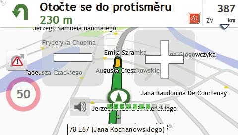 Jak upravit hlasitost? 1. Na obrazovce Volby map klepněte na. 2. Na obrazovce Mapa budou zobrazena tlačítka hlasitosti v průhledném režimu. 3. Proveďte následující kroky: Chcete-li... Proveďte... zvýšit/snížit hlasitost klepněte na /.