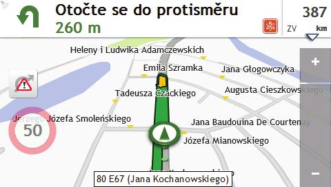 Ikona reproduktoru ukazuje stav: : vypnutý : zapnutý Tlačítka hlasitosti automaticky zmizí po 5 sekundách nečinnosti mapy. Jak přiblížit/oddálit mapu? 1. Na obrazovce Volby map klepněte na. 2.