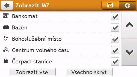 Můžete zvolit zobrazení (nebo skrytí) ikon všech kategorií POI na obrazovkách map nebo zobrazení pouze ikon z vybraných kategorií.