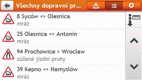 Jak zobrazit seznam všech událostí na trase? Zařízení Mio vytvoří seznam událostí, které jsou zobrazeny na obrazovce Všechny dopravní problémy v pořadí, v jakém jsou přijaty.