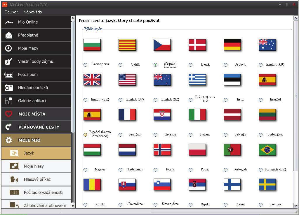 Jak změnit používaný jazyk pro aplikaci MioMore Desktop? Jednoduše vyberte upřednostňovaný jazyk. Klepněte na Jazyk a potom vyberte zvolený jazyk. Jak nainstalovat nebo odebrat hlasový soubor?