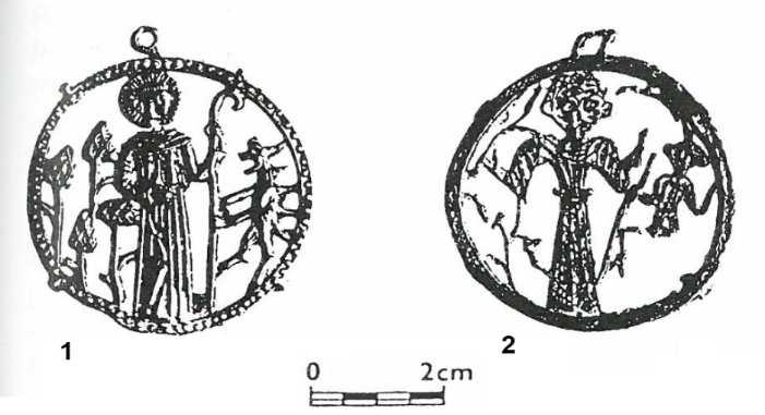 století slitina olova a cínu 2. Jinonice: Kruhový prolamovaný s poutkem, výška 52 mm. Vyobrazení sv.